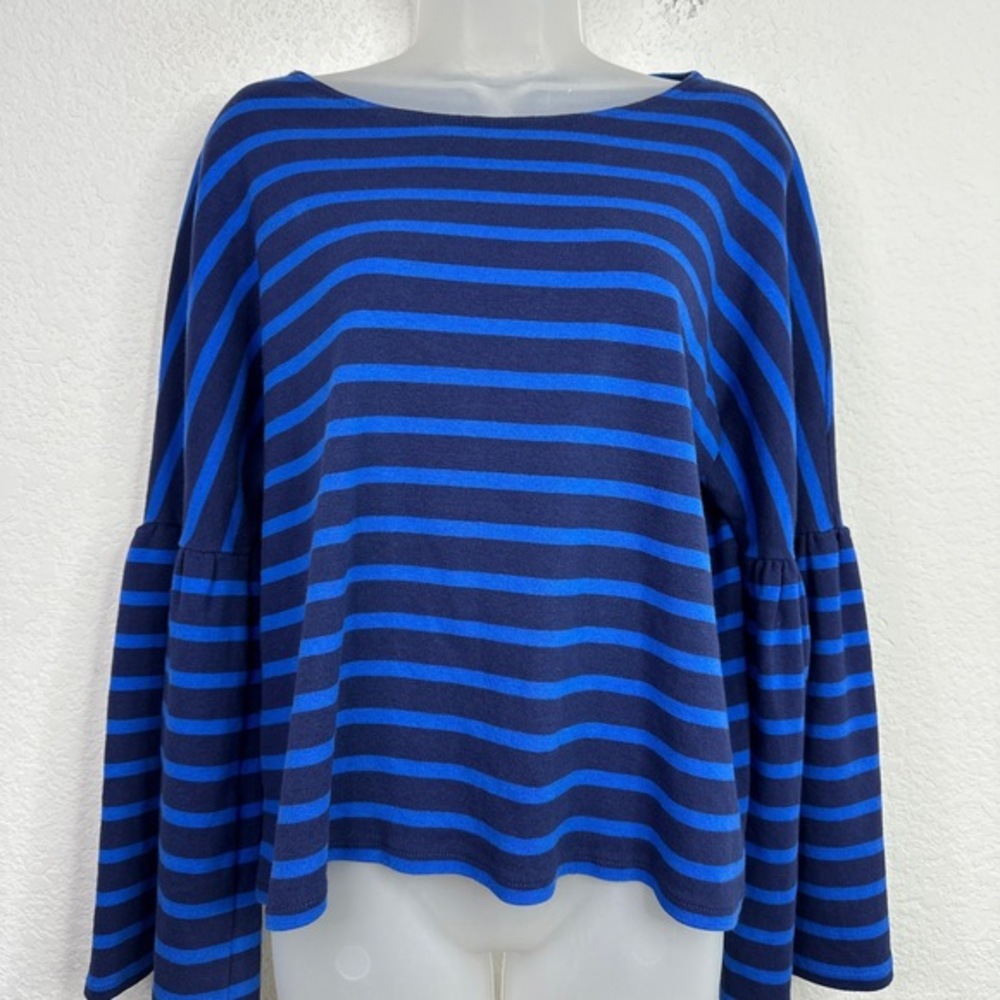 J.Crew Shirt Women Large Blue Striped Bell Sleeve Casual Preppy Coastal Nautical - Picture 3 of 8